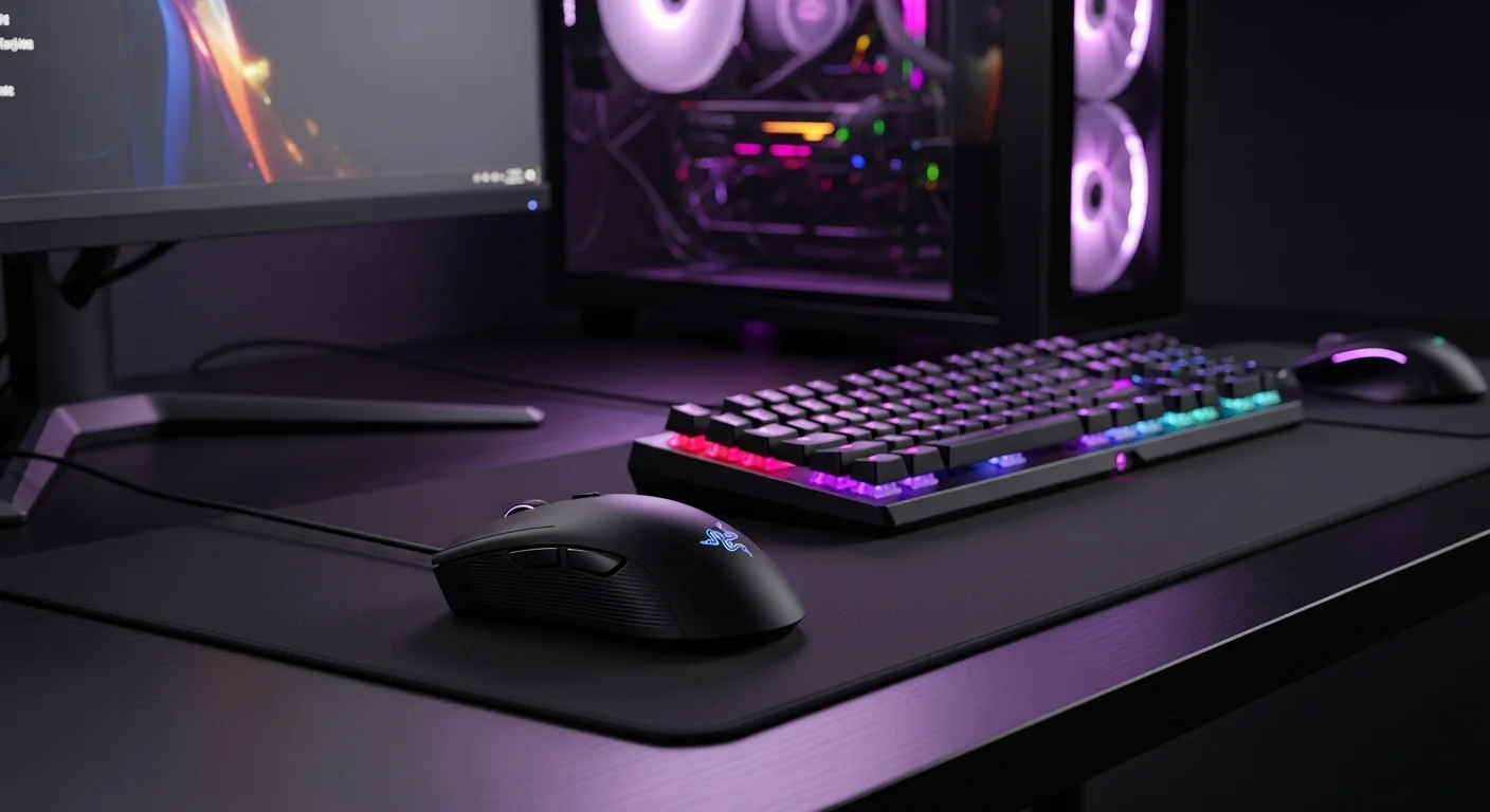Razer Viper Mini sobre un escritorio con una computadora gamer y teclado iluminado, representando accesorios de alta tecnología.