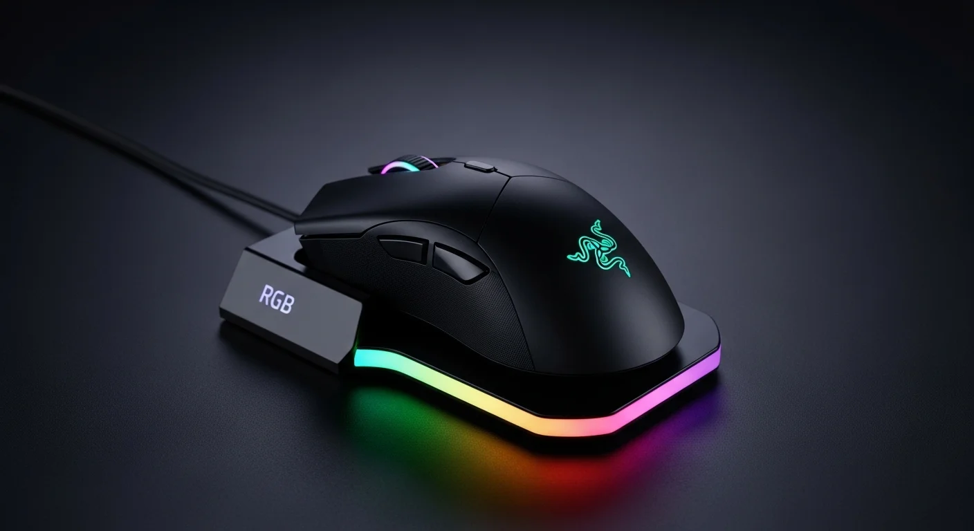 Mouse Razer Viper Ultimate negro en su base de carga iluminada con RGB, demostrando su tecnología para computadoras de alto rendimiento