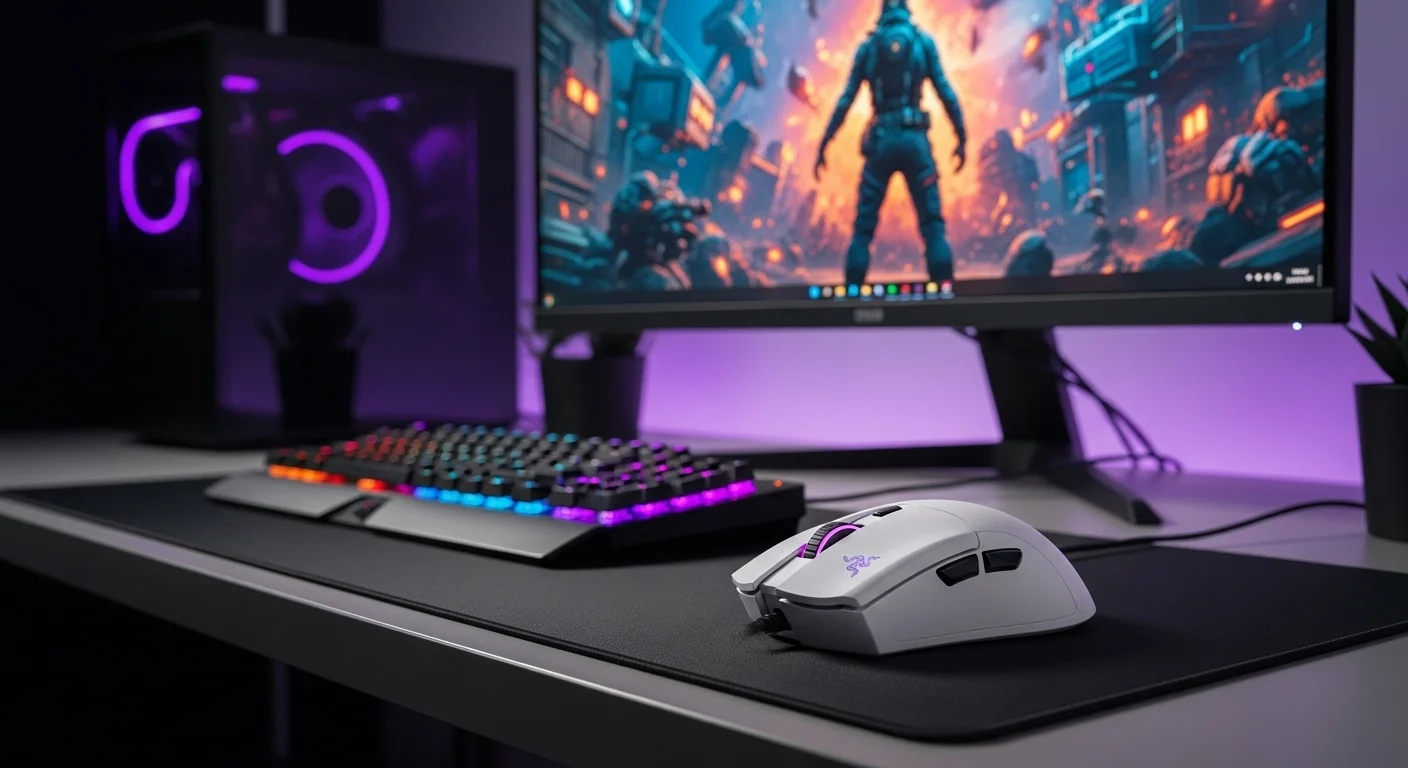 Ratón Razer Viper V2 Pro en color blanco sobre un escritorio moderno junto a un teclado y monitor de una computadora gaming.