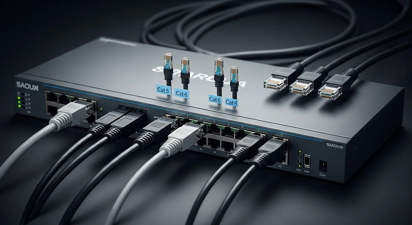 Varios cables de red Ethernet de diferentes categorías (Cat 5, Cat 6, Cat 8) conectados a un switch de red para computadoras y servidores.