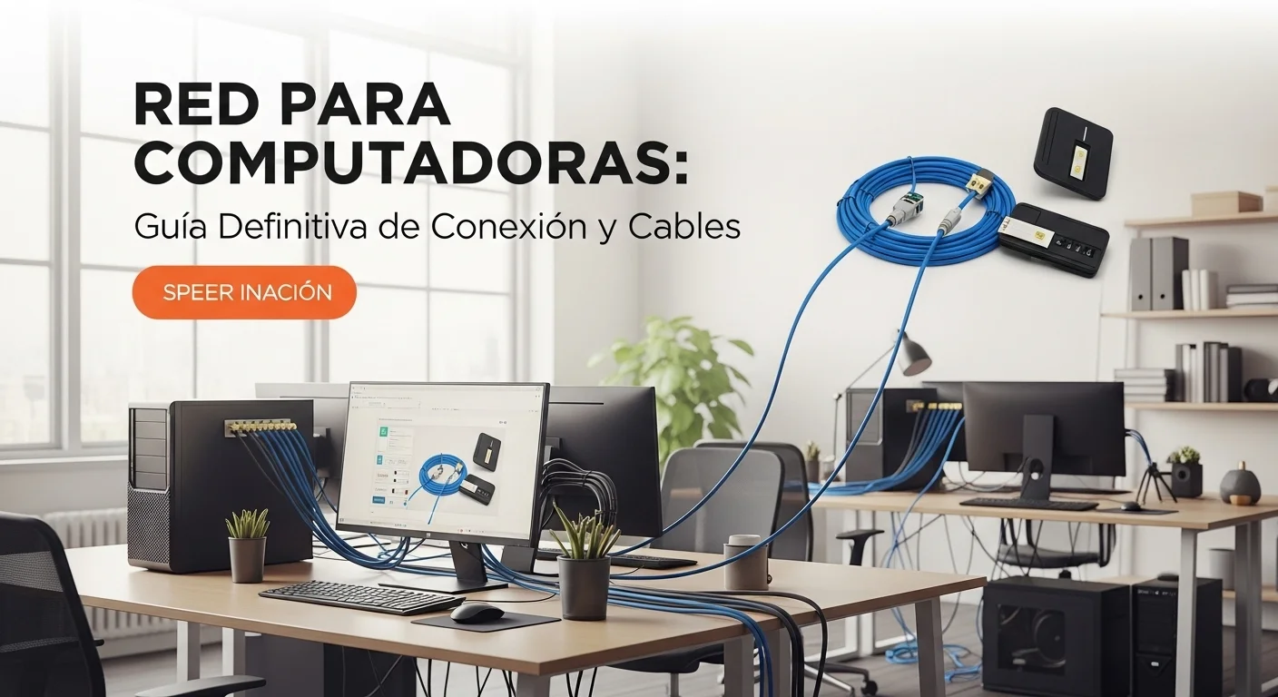 Oficina moderna con múltiples computadoras conectadas en red, mostrando cables de red organizados y un entorno tecnológico profesional.