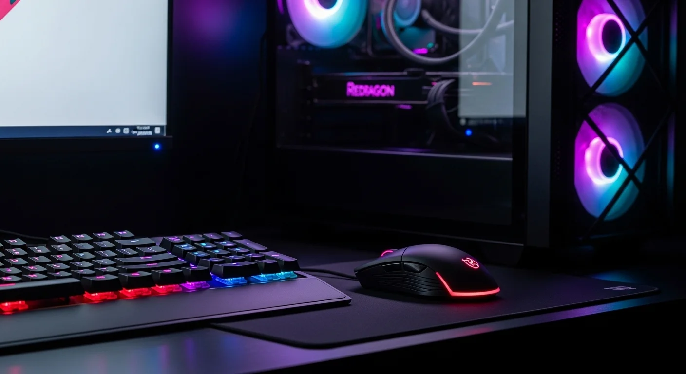 Un mouse Redragon Centrophorus M601 sobre una alfombrilla junto a un teclado iluminado y una computadora gaming con luces.