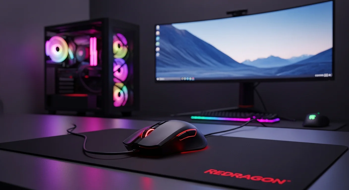 Mouse gamer Redragon M601 Centrophorus con iluminación roja, posado sobre una alfombrilla negra con el logo de la marca. Al fondo se vislumbra una configuración de computadora gamer.
