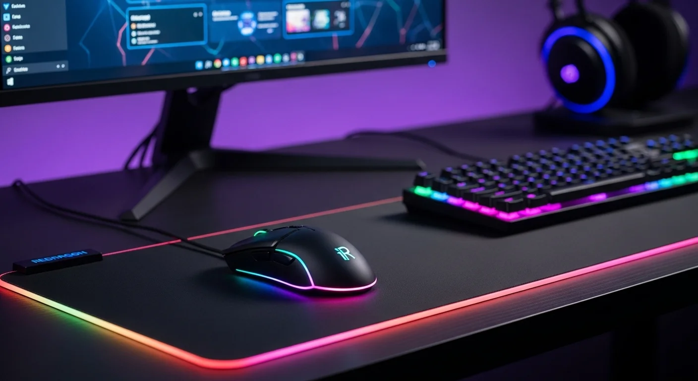 Mouse gamer Redragon M607 Griffin sobre una alfombrilla iluminada junto a un teclado y monitor de computadoras