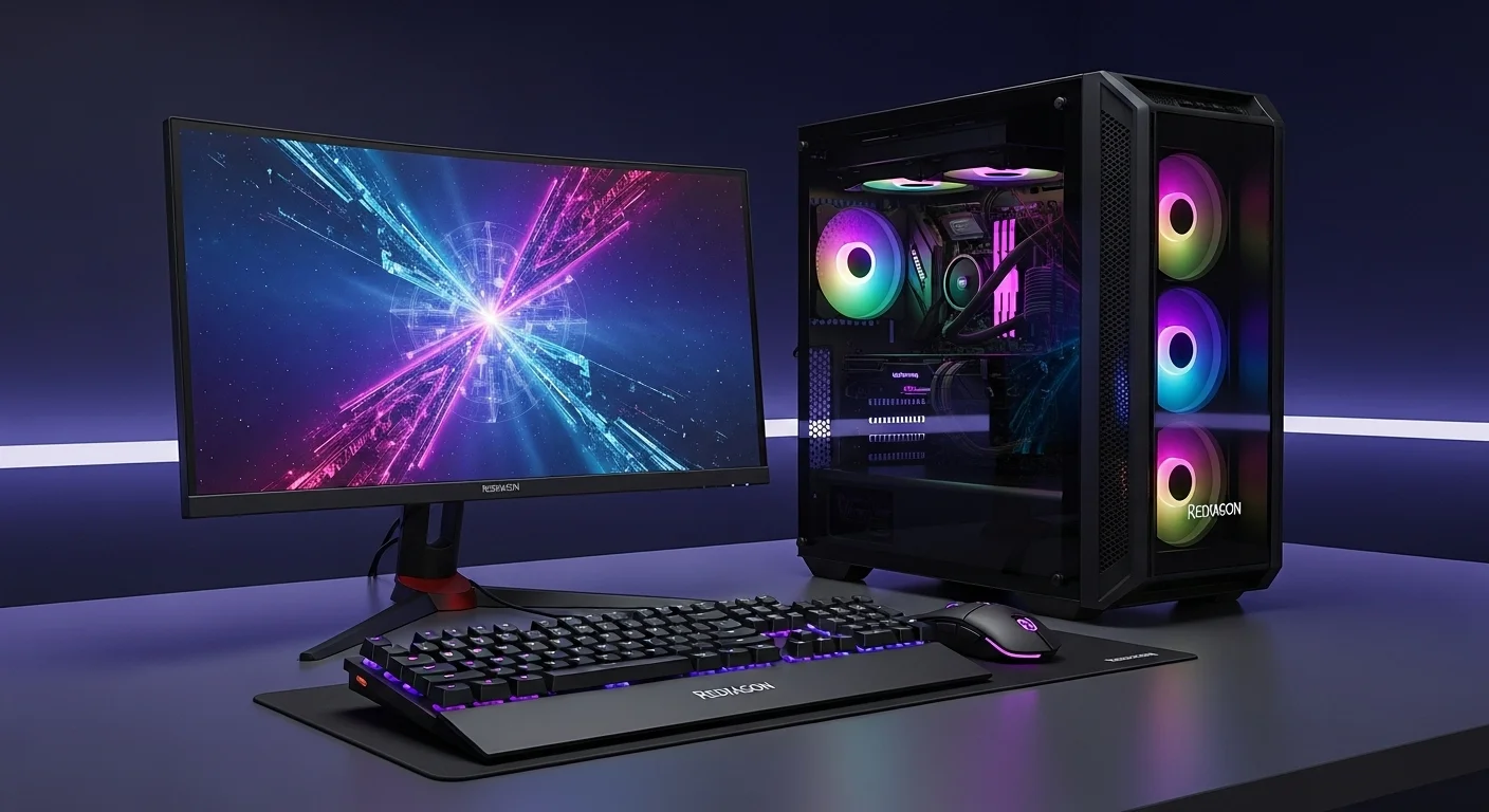 Setup completo de Redragon con computadoras, monitor, teclado y mouse iluminados con RGB