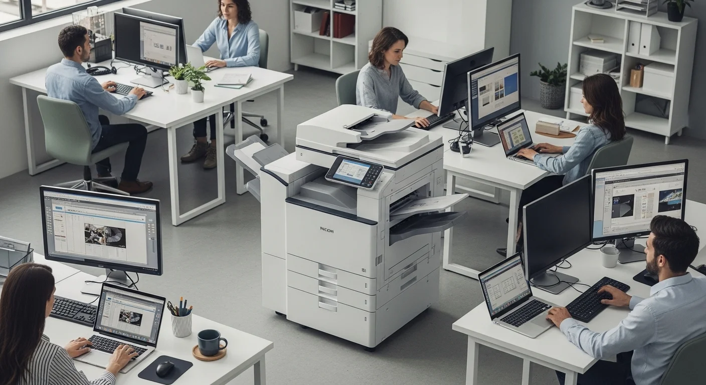 Una impresora multifuncional Ricoh Aficio Mp en un entorno de oficina moderno, conectada a varias computadoras y laptops.