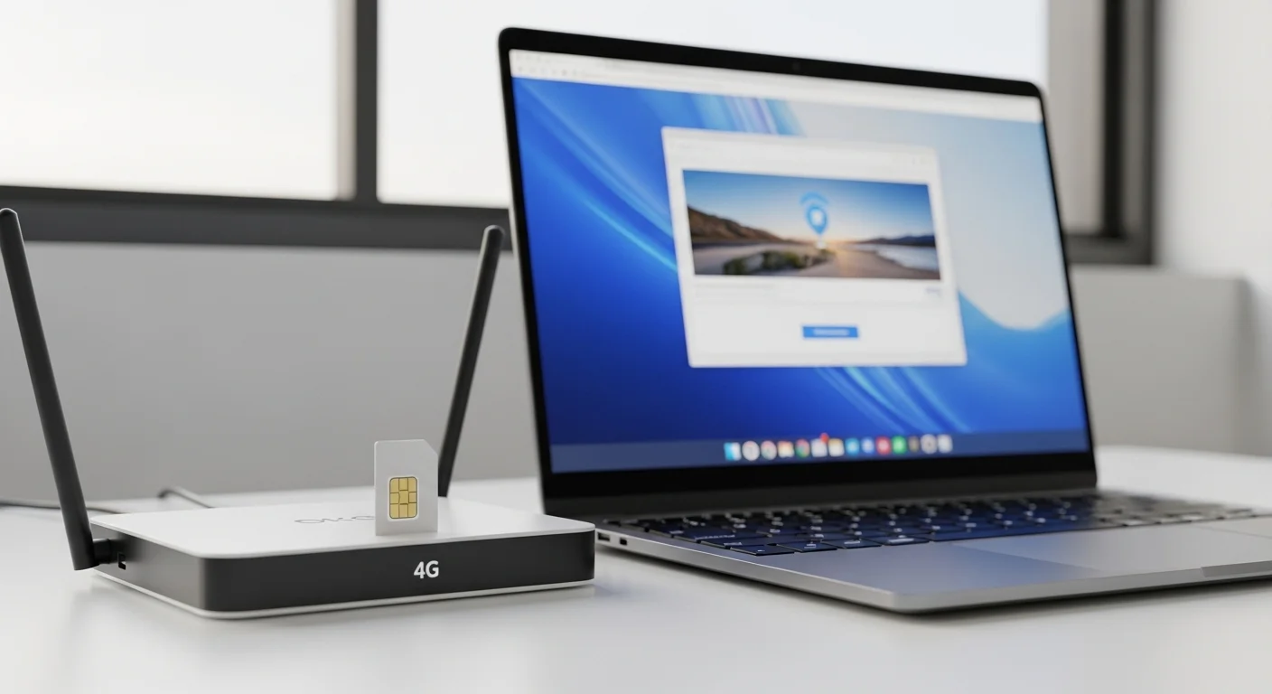 Un moderno router 4G con tarjeta SIM color blanco junto a una laptop abierta, simbolizando la conexión de computadoras a internet mediante Sim 4g.