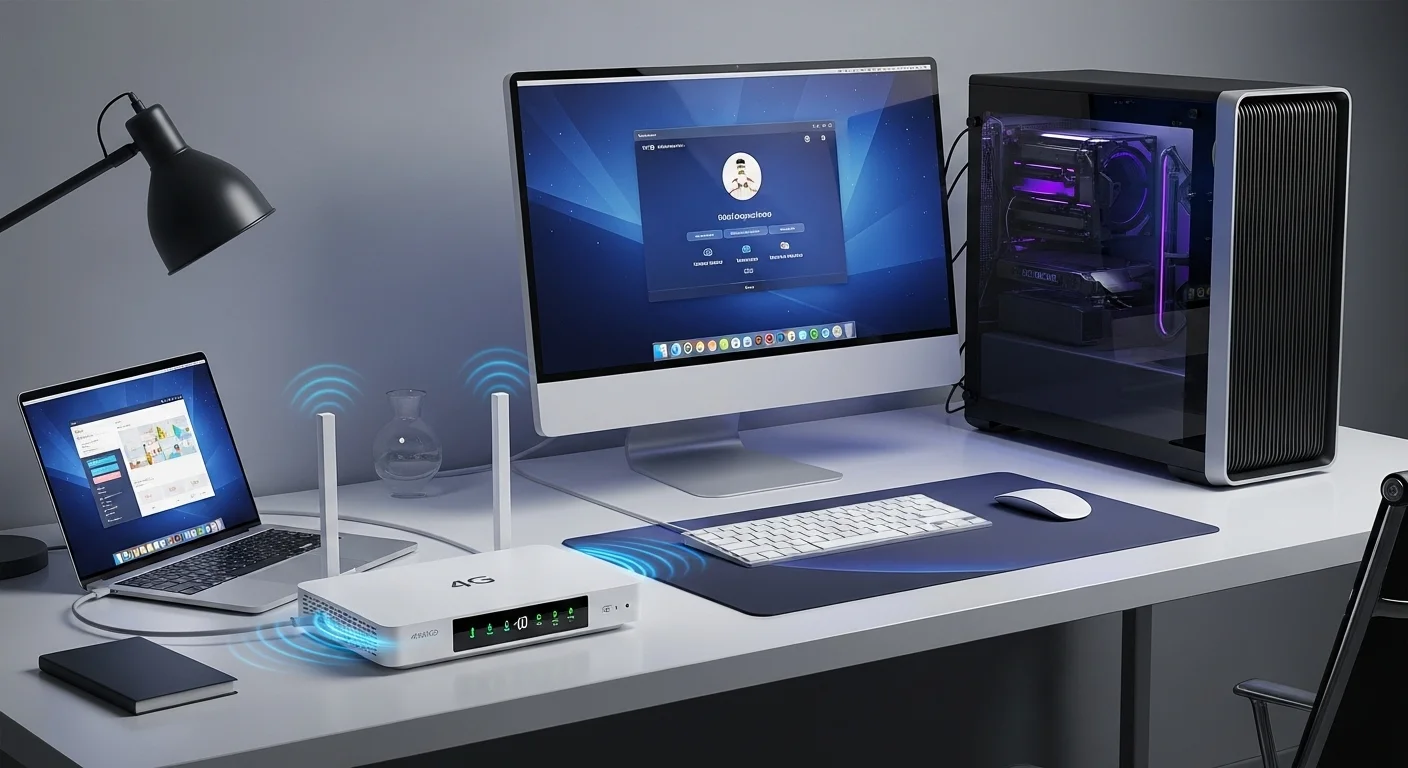 Un router 4G blanco de última generación sobre una mesa de oficina, con luces LED indicadoras de estado, conectado a una laptop y una computadora de escritorio.