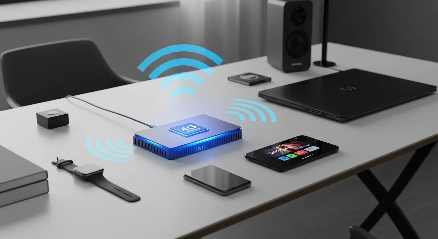 Un moderno router con chip 4G en un escritorio de oficina, con una luz LED azul brillante, conectando inalámbricamente una computadora portátil y otros dispositivos tecnológicos.