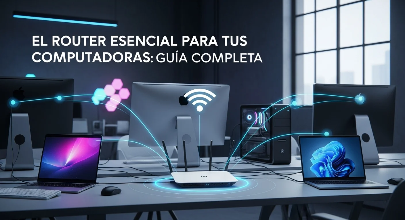 Router WiFi moderno en una oficina, conectando varias computadoras y laptops, simbolizando la red central de tecnología y computadoras.