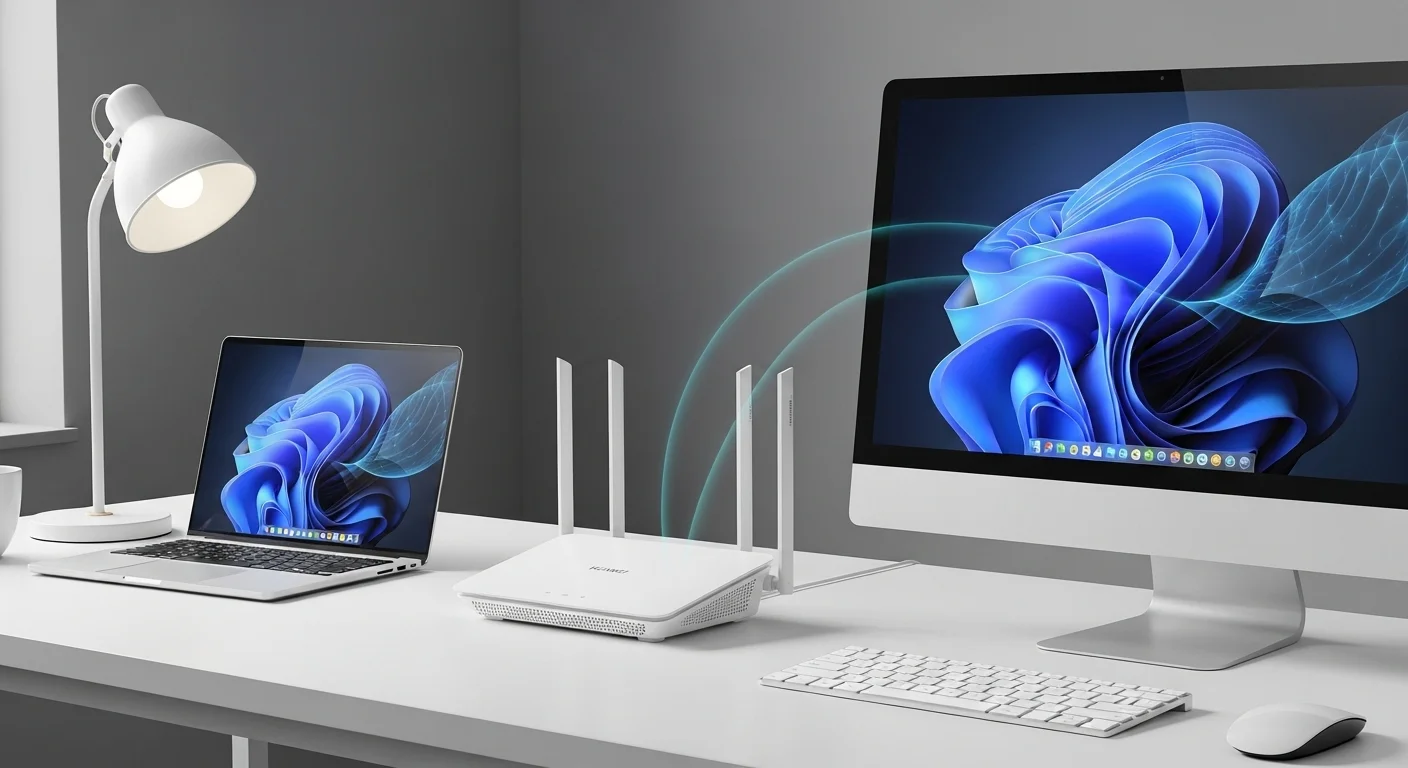 Un moderno router Huawei blanco con antenas desplegadas, colocado sobre un escritorio junto a una laptop y una computadora de escritorio, simbolizando la conectividad de alta velocidad.