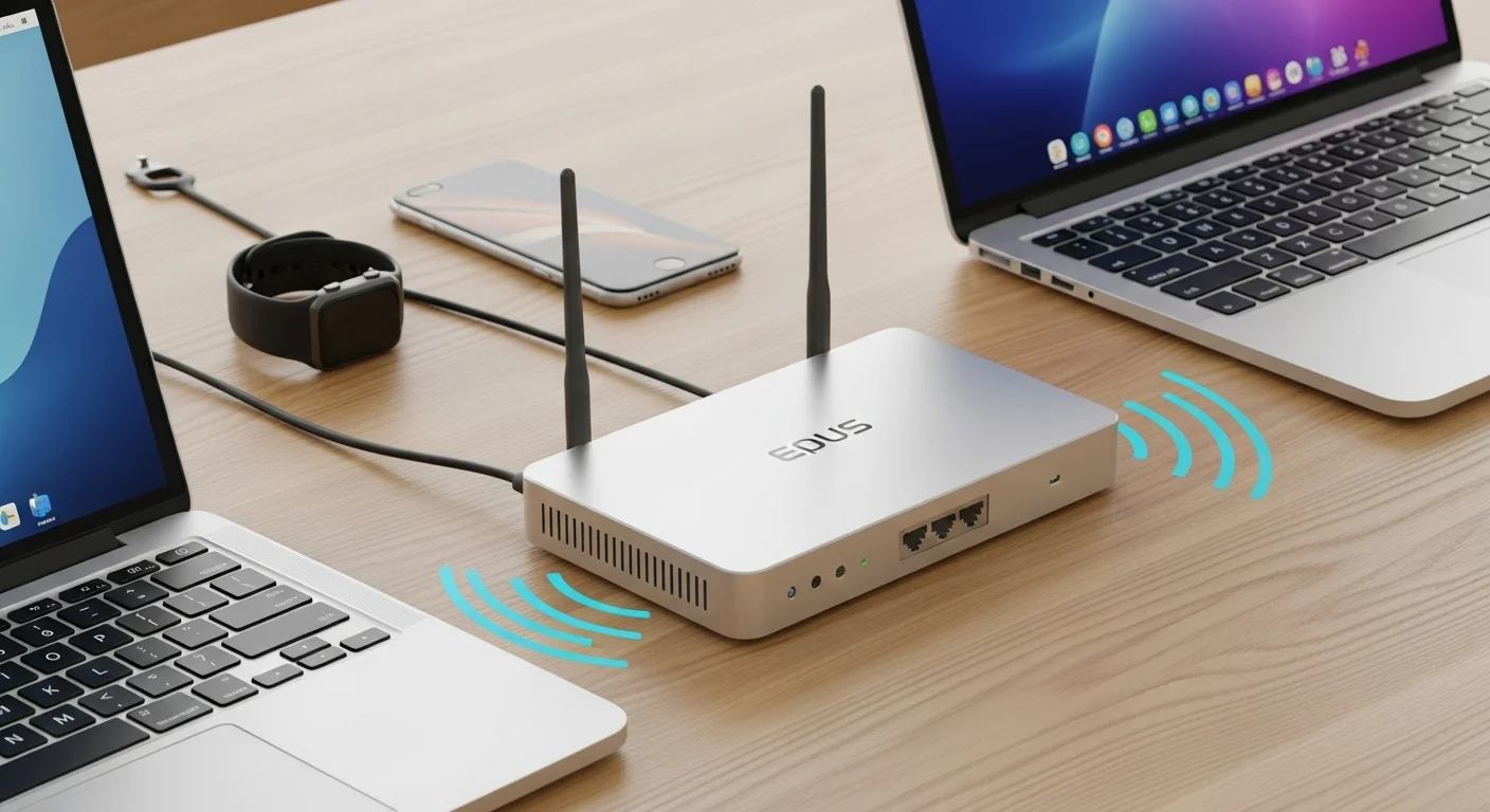 Un router inalámbrico portátil plateado sobre una mesa de madera, proveyendo internet a varias computadoras y dispositivos inteligentes.