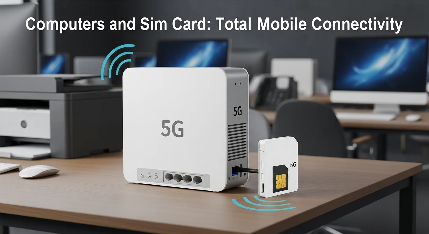 Un moderno router de sobremesa (CPE) con el logo de 5G, mostrando cómo un modem con sim card puede dar internet de alta velocidad a toda una oficina.