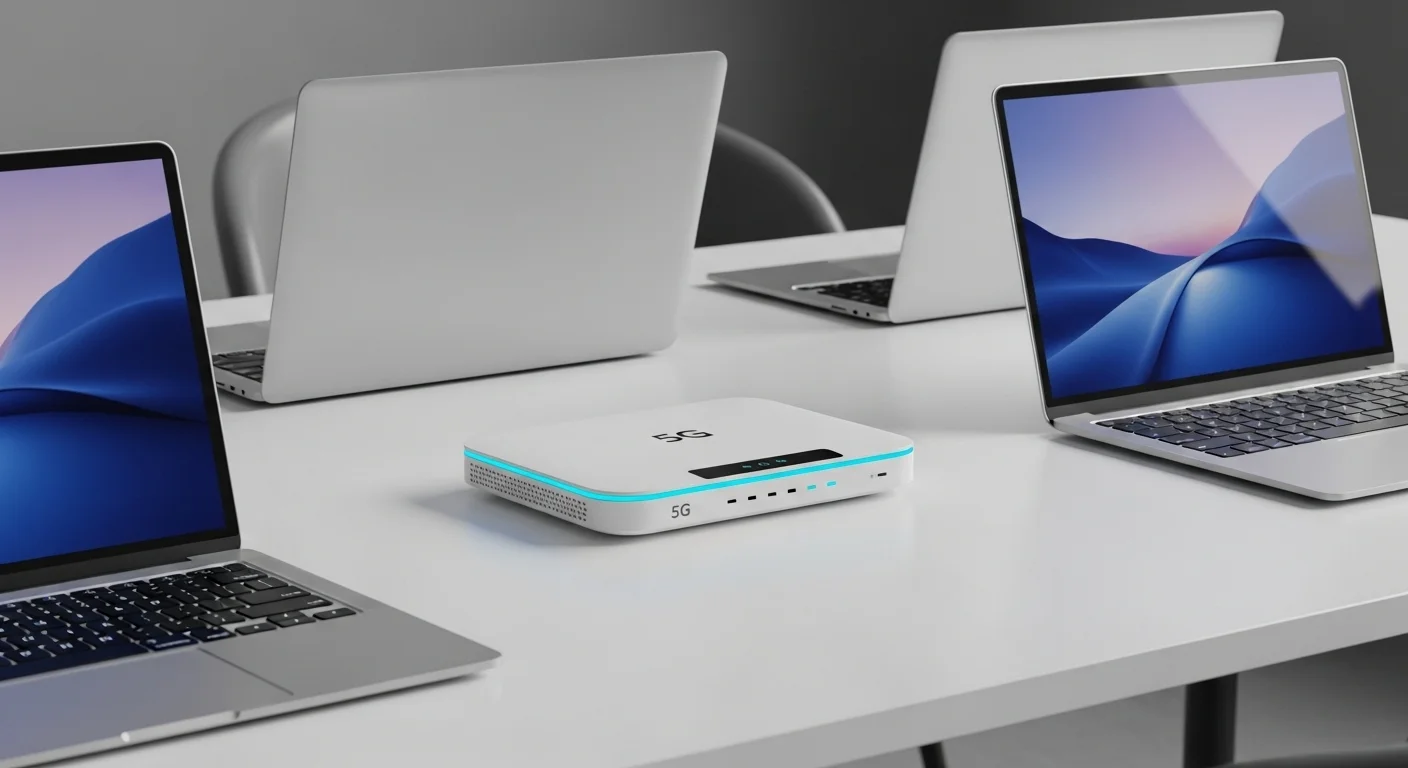 Un router portatil 5G sobre una mesa de trabajo junto a varias computadoras portátiles, mostrando la conectividad en un entorno moderno.