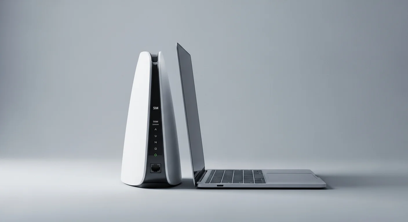 Un moderno router inalambrico para tarjeta sim junto a una laptop, simbolizando la conectividad móvil para computadoras.