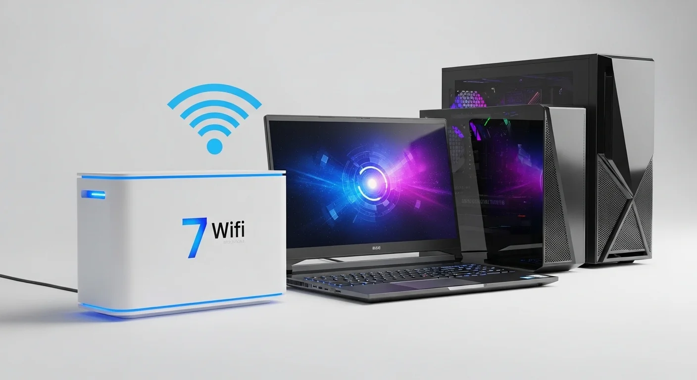 Moderno router wifi 7 de color blanco con luces LED azules, situado junto a una laptop y una potente computadora de escritorio, simbolizando la conexión de ultra alta velocidad de 7 Wifi.