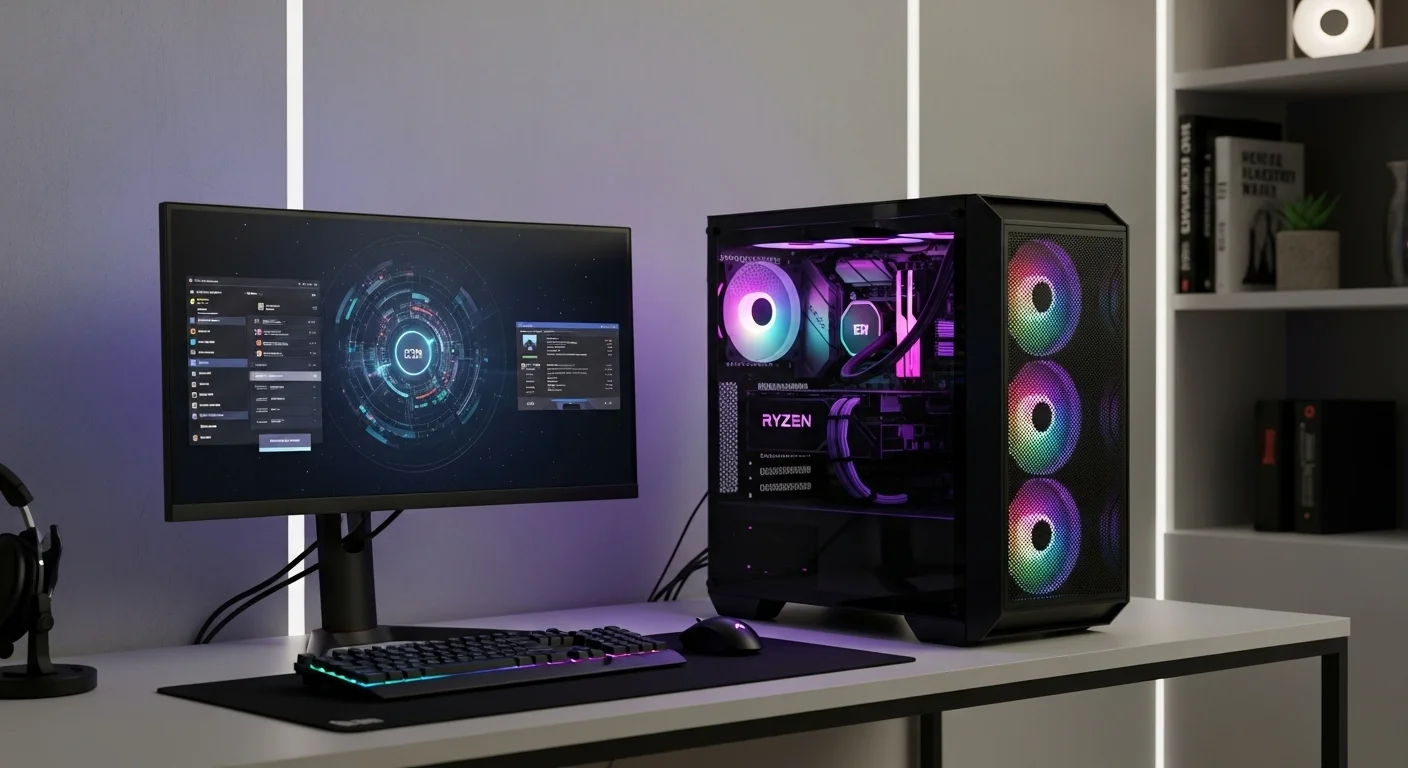 Moderno setup de una de las 5 Pc con procesador Ryzen 5, mostrando una torre iluminada y un monitor de alta gama, representando el poder de las computadoras actuales.