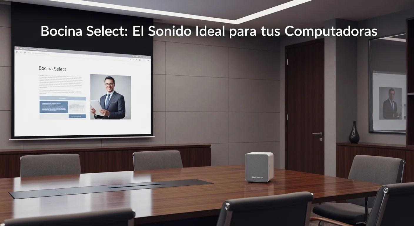 Sala de reuniones profesional con una pantalla de proyección y una bocina Select Sound colocada discretamente en la mesa, lista para una conferencia.