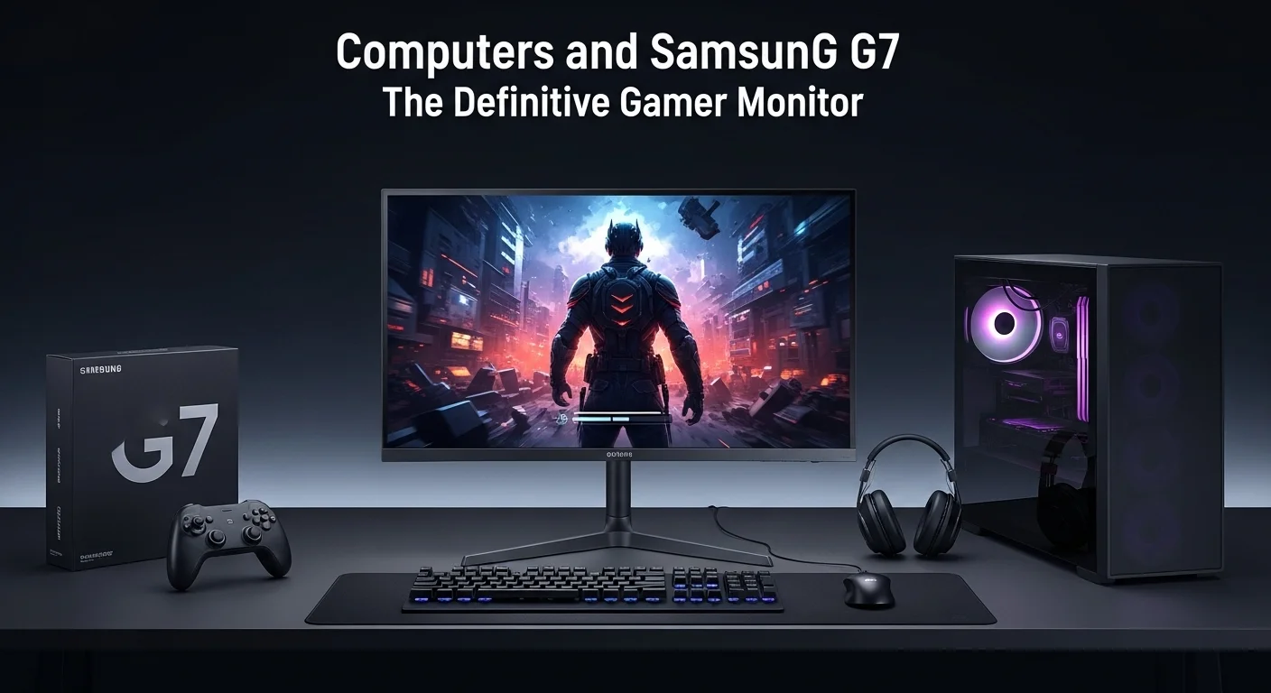 Setup de computadoras con un monitor Samsung G7 iluminado en el centro, mostrando un videojuego de alta calidad gráfica.