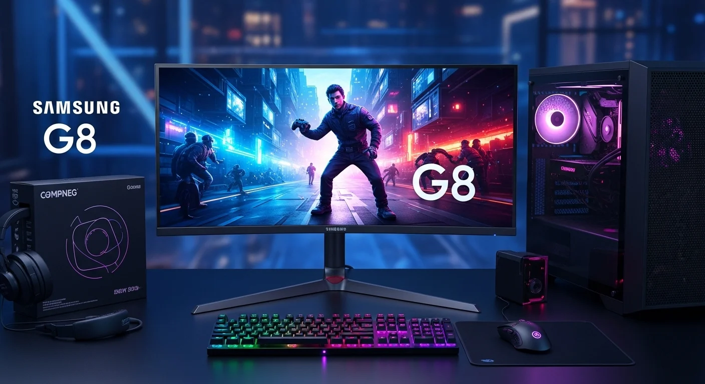 Un setup de computadoras de alto rendimiento con el monitor curvo Samsung G8 en el centro, mostrando un vibrante escenario de juego.