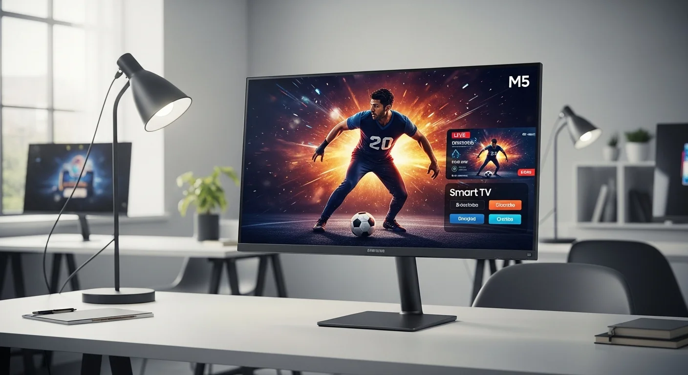 Monitor Samsung M5 en un escritorio moderno, mostrando su versatilidad para computadoras y entretenimiento.