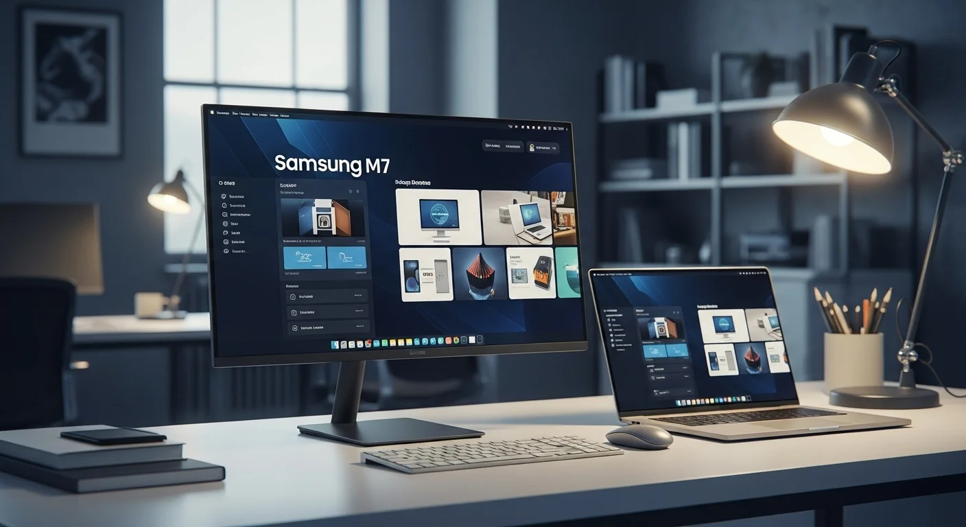 Monitor Samsung M7 en un escritorio moderno junto a una laptop, mostrando su versatilidad para computadoras y trabajo.