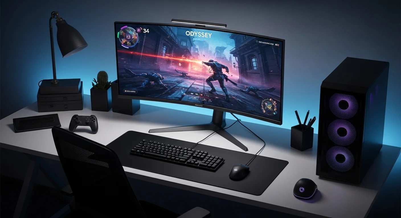 Un setup de computadoras moderno con un monitor Samsung 34 pulgadas de la serie Odyssey como pieza central, mostrando un juego vibrante.