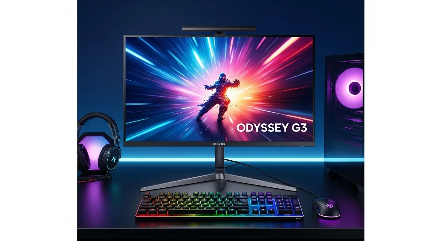 Un setup de computadoras con un monitor Samsung Odyssey G3 iluminado, mostrando un juego de acción, con un teclado y ratón RGB a juego.