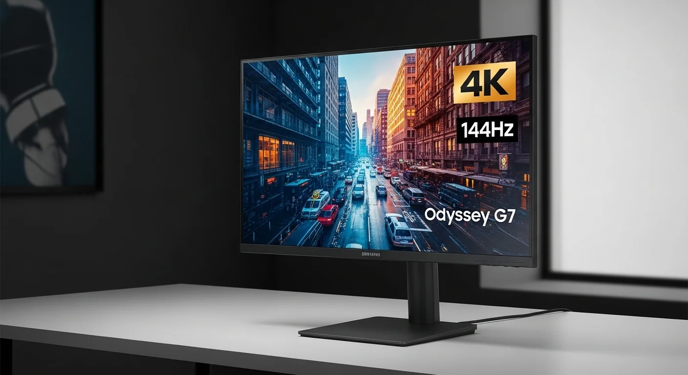 Primer plano del monitor Samsung Odyssey G7 4K 144Hz sobre un escritorio, mostrando su diseño y la calidad de imagen para trabajo profesional.