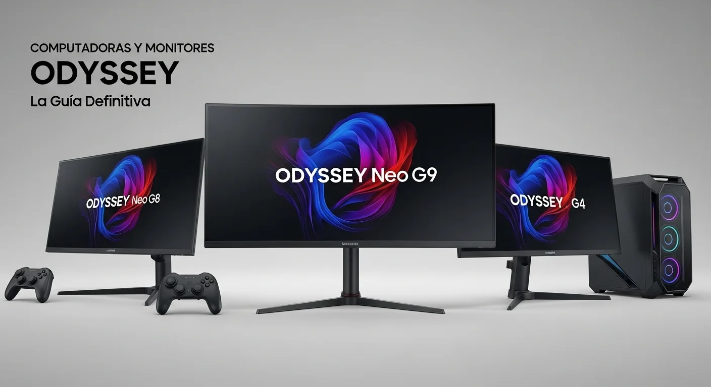 Una composición de varios monitores de la serie Samsung Odyssey, mostrando un Odyssey Neo G9 en el centro, flanqueado por un Odyssey Neo G8 y un Odyssey G4, ilustrando la gama de opciones para computadoras de alto rendimiento.