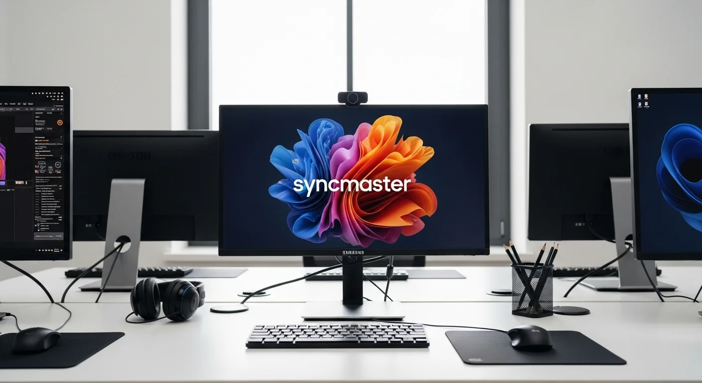Una configuración de escritorio moderna con varias computadoras y un monitor Samsung Syncmaster mostrando gráficos de alta calidad, simbolizando la tecnología y la productividad.