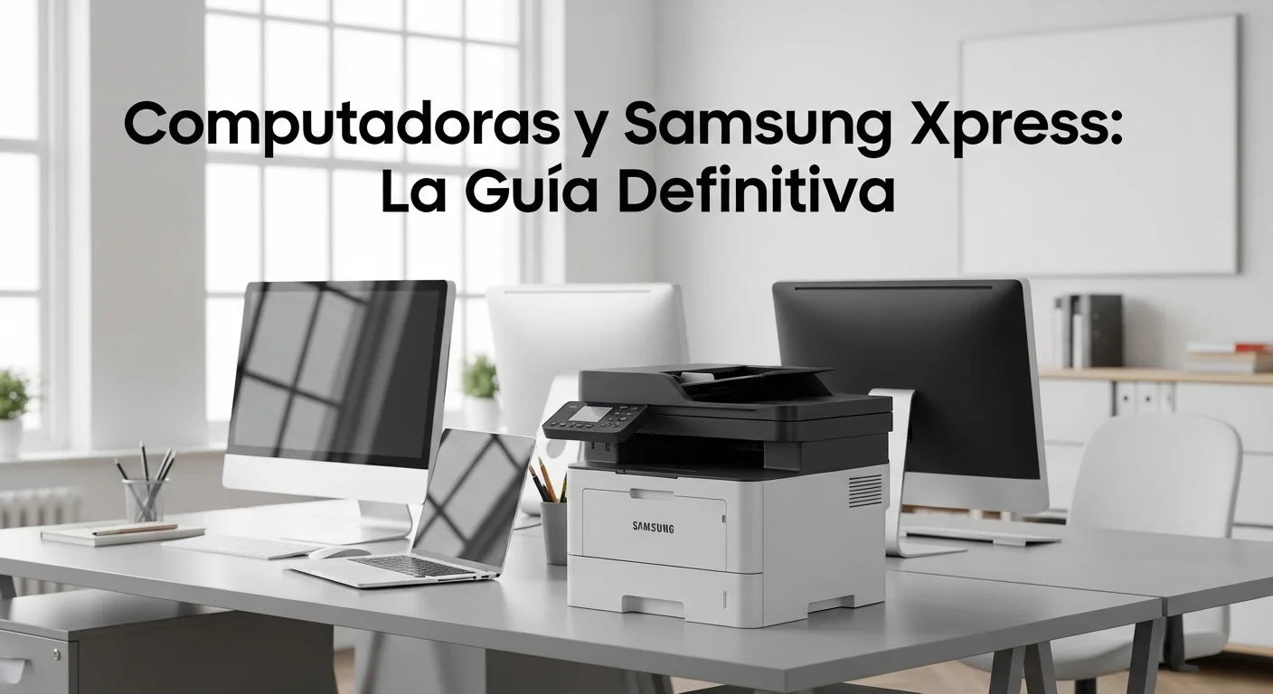 Una impresora Samsung Xpress M2070W en un escritorio moderno junto a varias computadoras y una laptop, demostrando un entorno de oficina conectado.