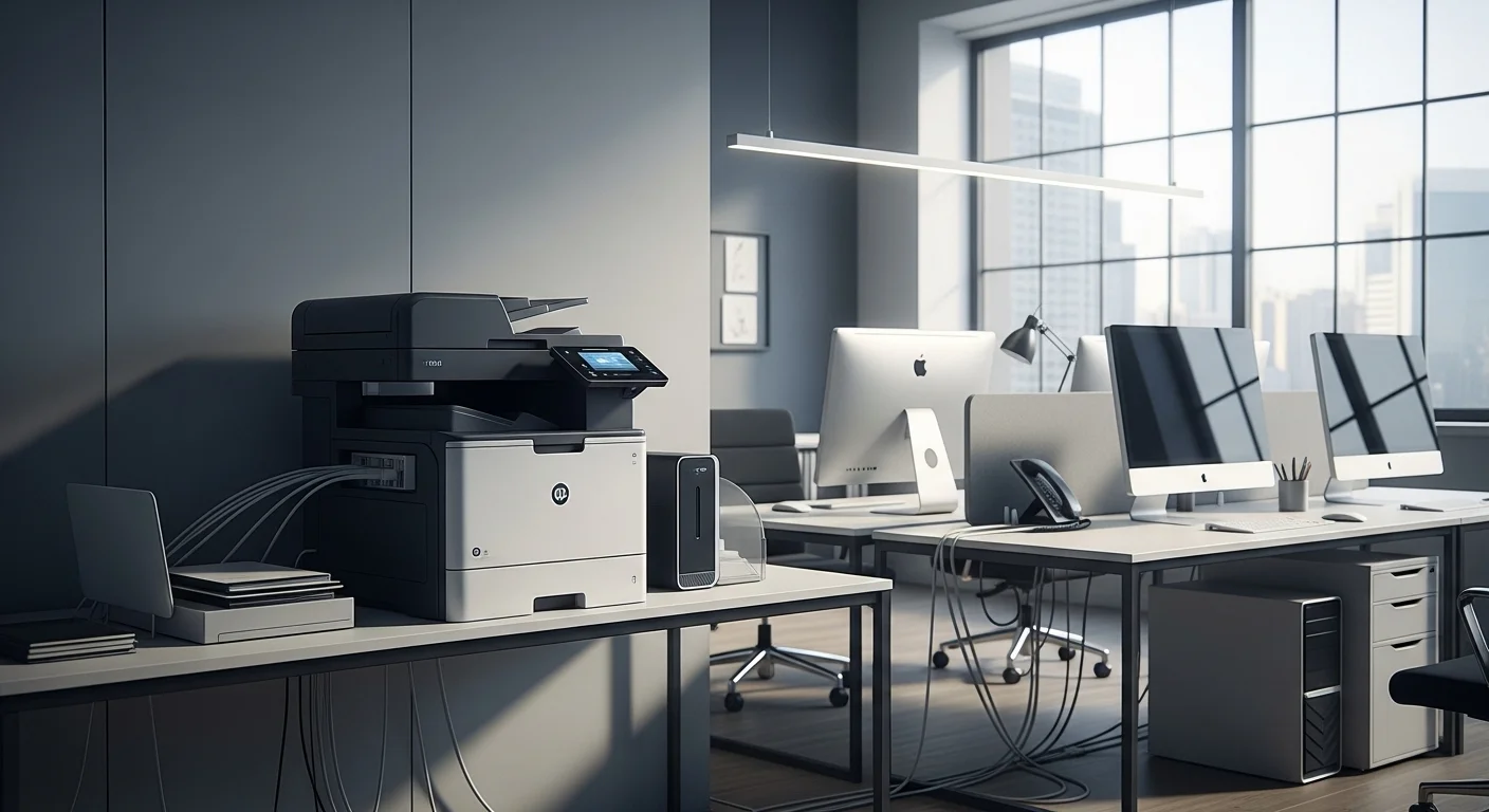 Una moderna impresora con scanner multifuncional en un escritorio de oficina, conectada a varias computadoras.