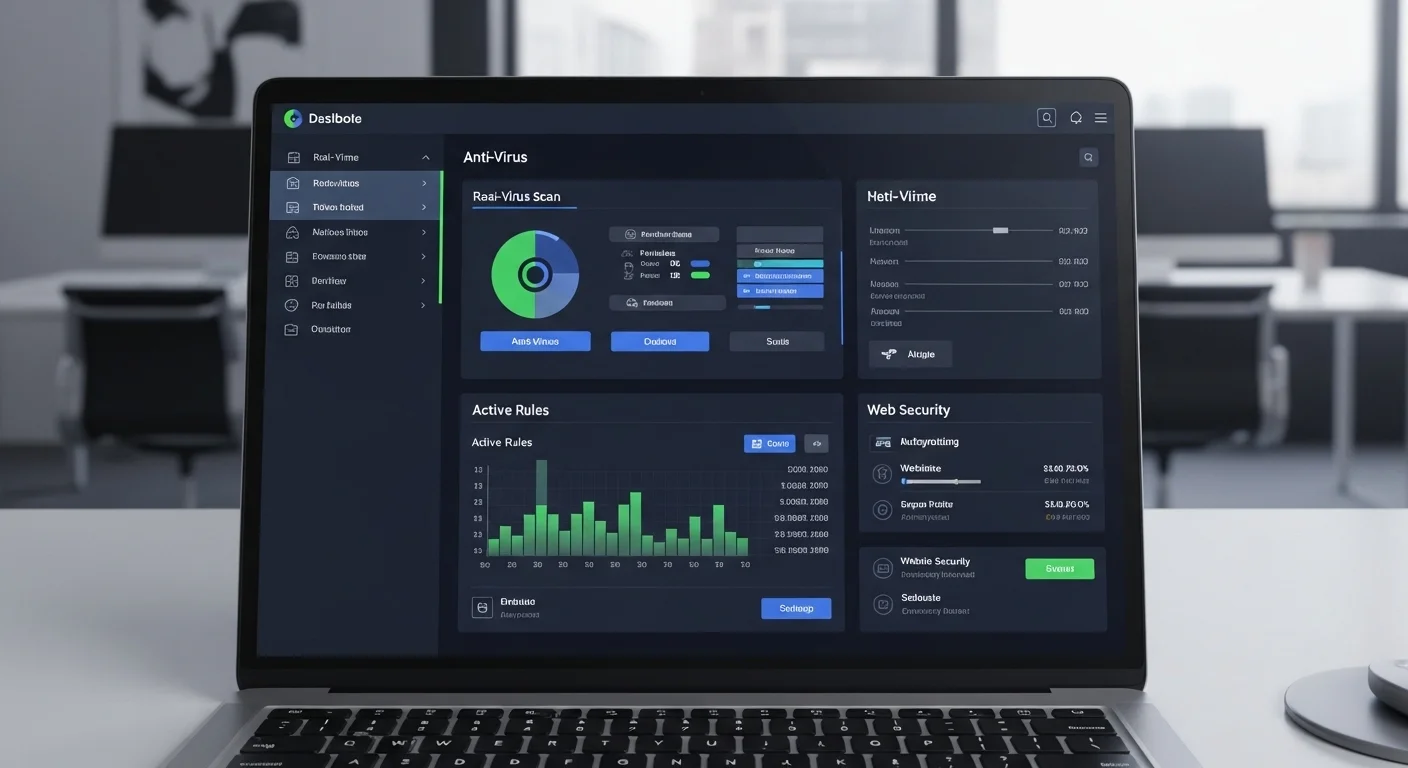 Dashboard de una suite de security completa en la pantalla de una computadora portátil, mostrando varios módulos de protección como antivirus, firewall y seguridad web.