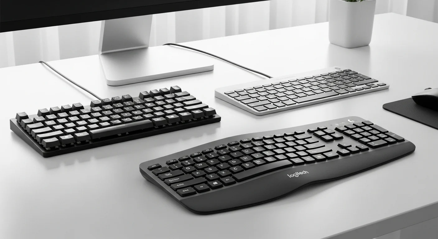 Una selección de teclados para computadoras en un escritorio moderno, mostrando un teclado mecánico, uno bluetooth y uno ergonómico de la marca logi.