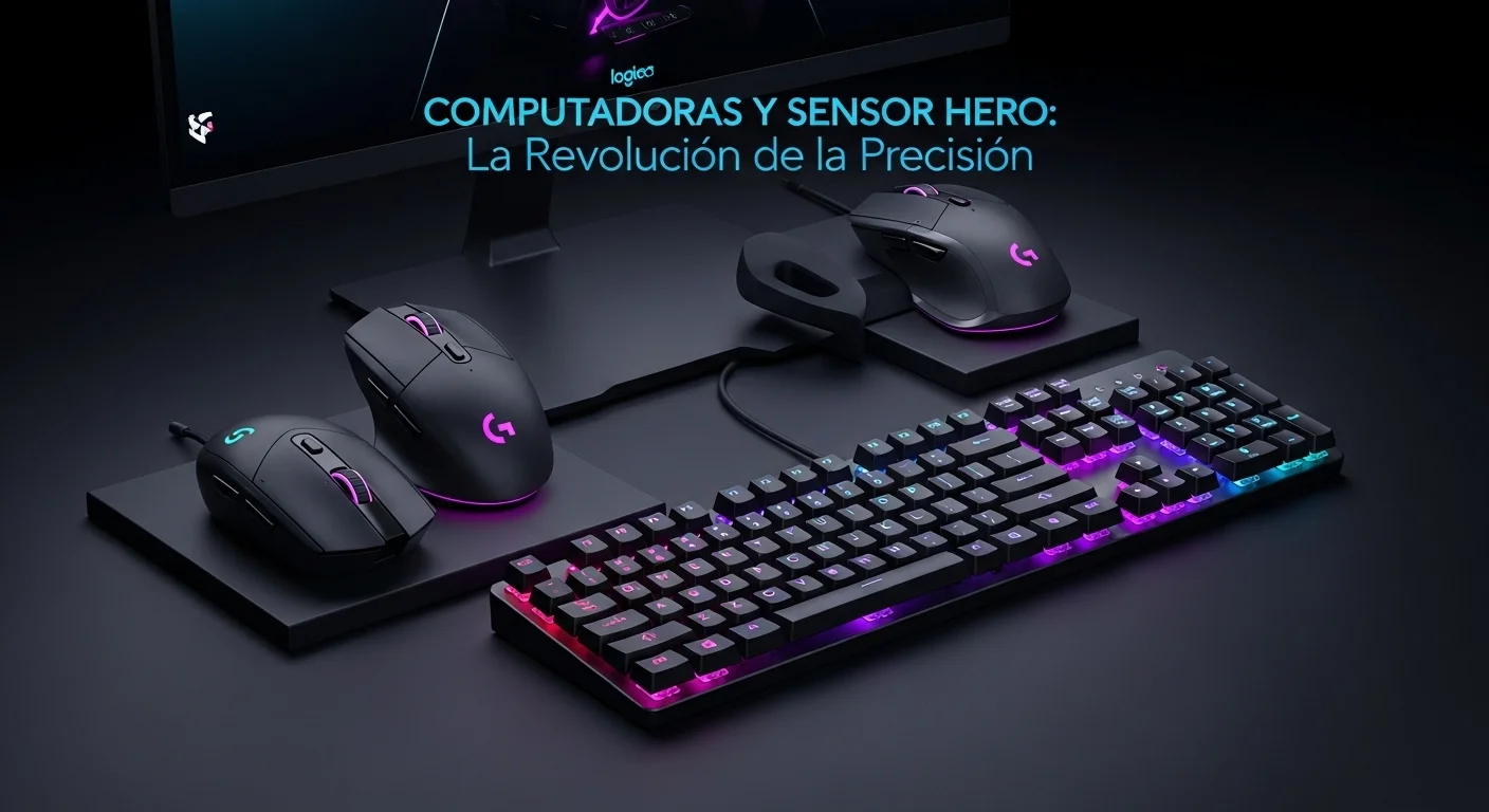 Una composición de ratones Logitech G903 y G403 HERO junto a un teclado iluminado, representando la precisión para computadoras.
