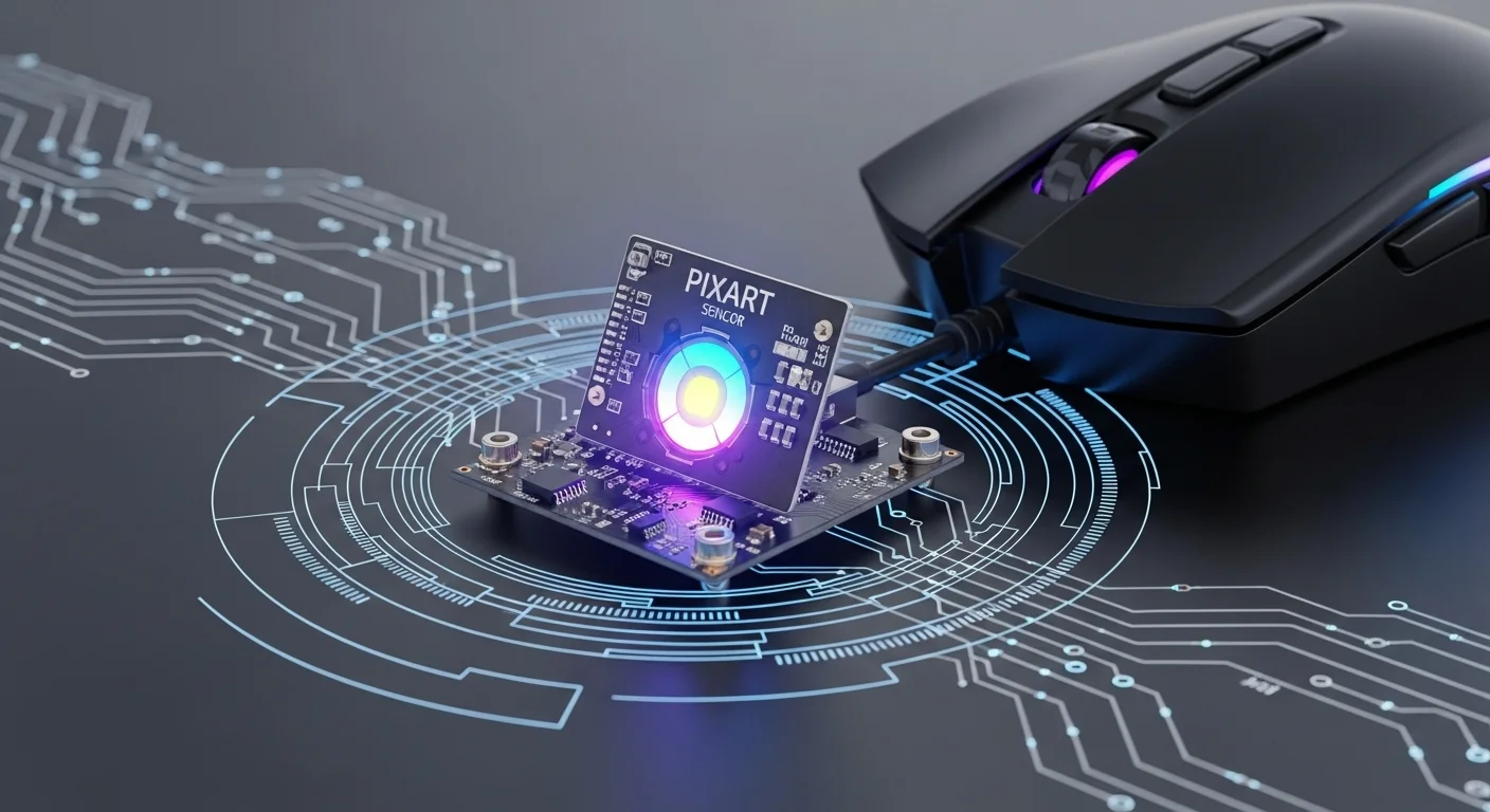 Una imagen macro de un sensor Pixart iluminado, montado en la placa de circuito de un ratón para computadoras, con líneas de tecnología abstracta en el fondo.