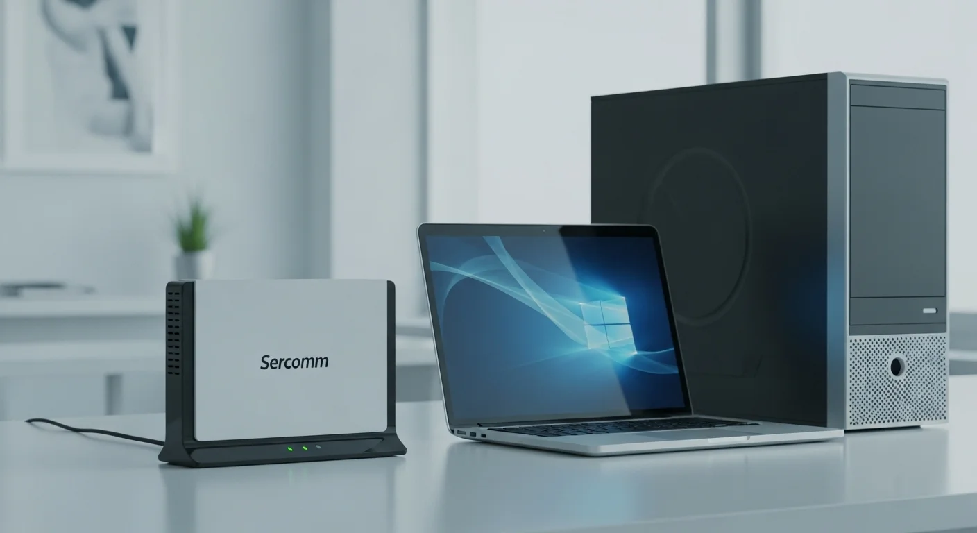 Un modem router Sercomm junto a una laptop y una computadora de escritorio, simbolizando la conexión y el ecosistema tecnológico.
