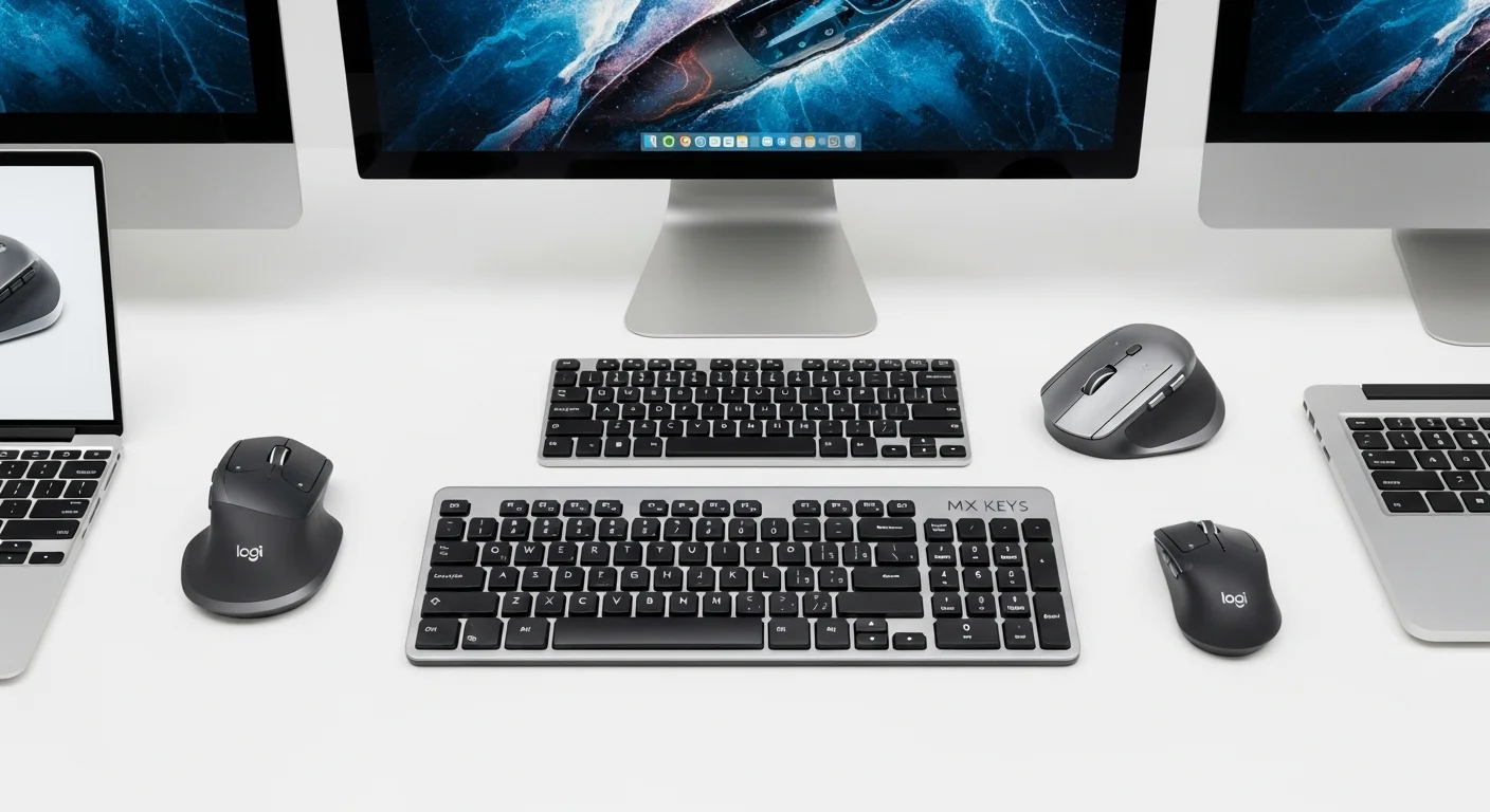 Una composición de productos de la serie Mx de Logitech, incluyendo el ratón MX Master 3S y el teclado MX Keys, sobre un escritorio moderno junto a computadoras y laptops.
