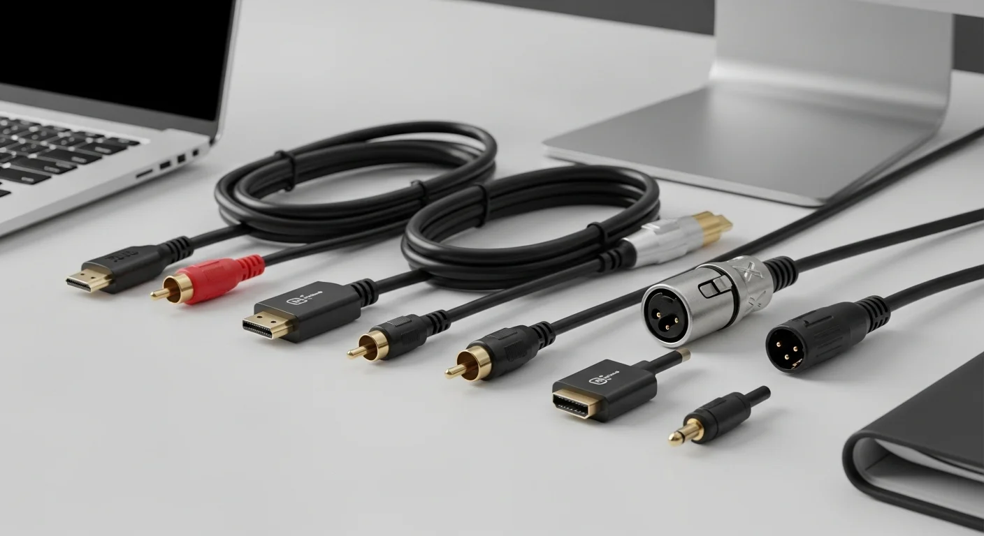 Una variedad de cables y adaptadores tecnológicos, incluyendo un cable hdmi a rca y un cable xlr a rca, sobre un escritorio de trabajo técnico.