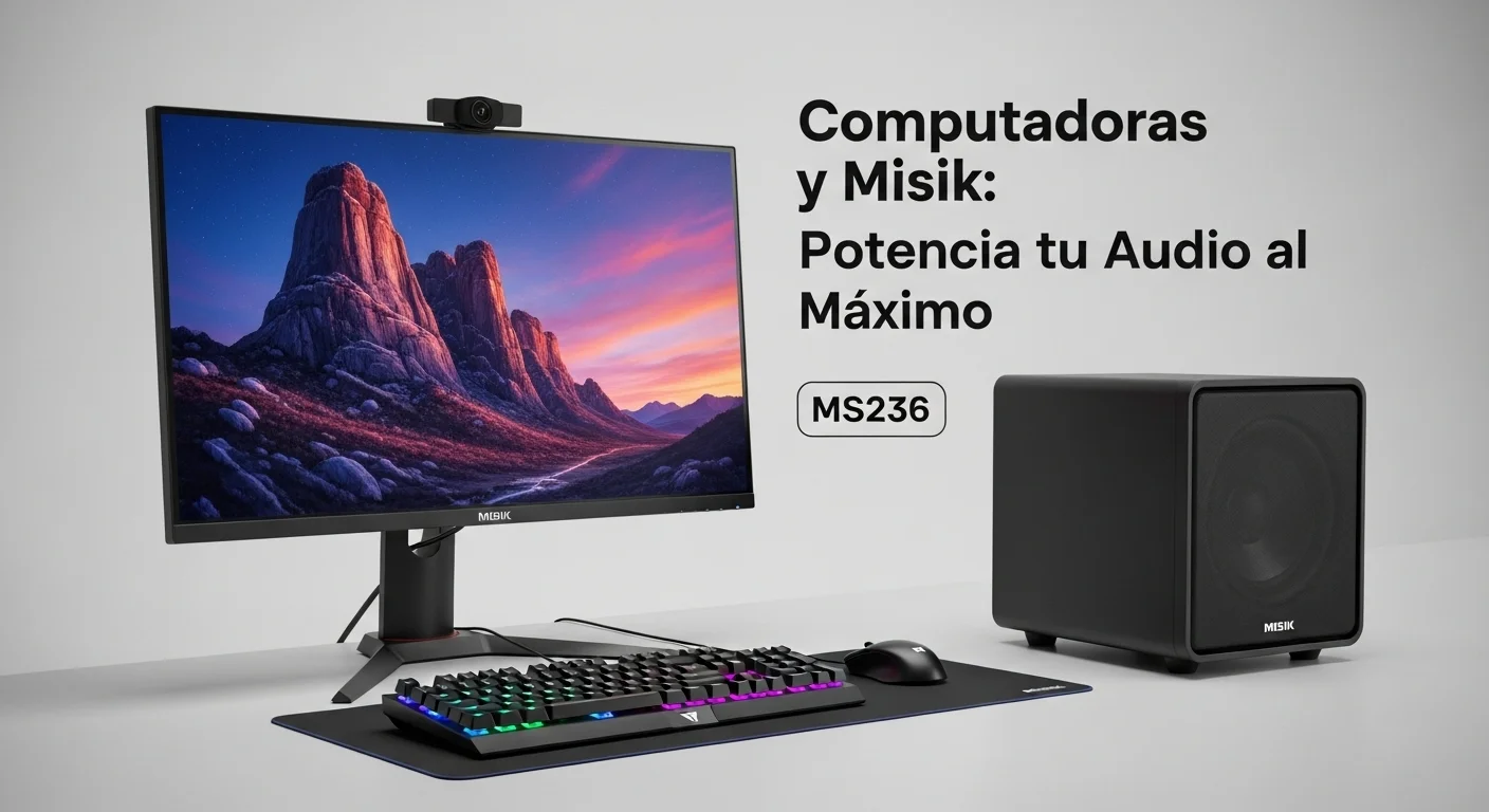 Moderno setup de computadora de escritorio con un monitor grande, teclado iluminado y una bocina Misik MS236 negra, demostrando la integración de audio de calidad en un espacio de trabajo y gaming.