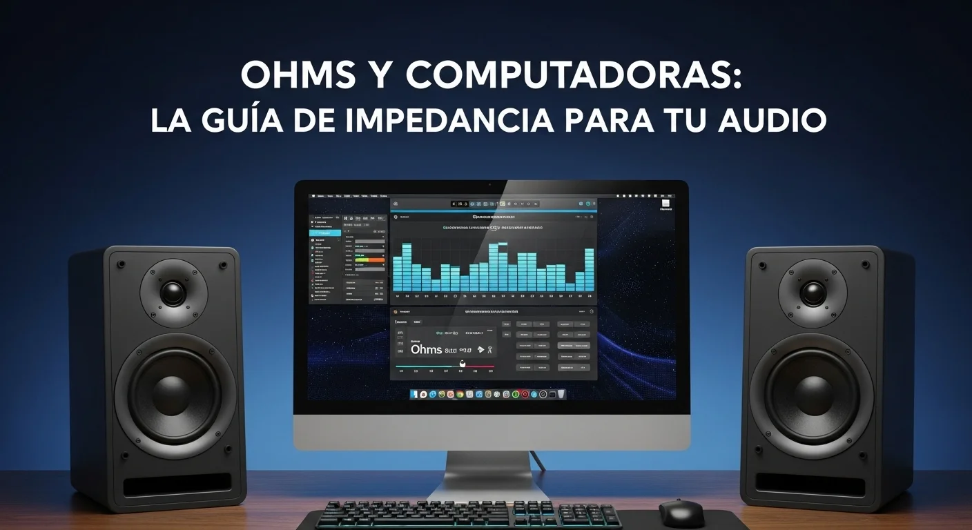Moderno setup de computadora con dos bocinas de alta fidelidad, ilustrando la importancia de los Ohms para la calidad del audio.
