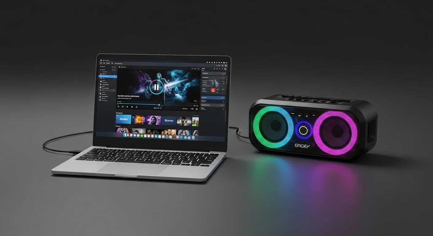 Setup completo de una computadora portátil conectada a una bocina potente para fiestas con luces de colores.
