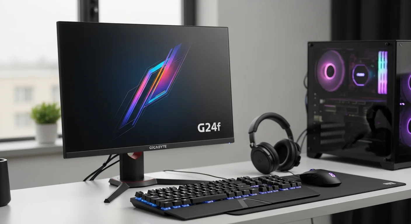Un setup completo de computadora con el monitor G24f de Gigabyte, teclado y ratón iluminados, enfocado en accesorios y equipos de oficina.