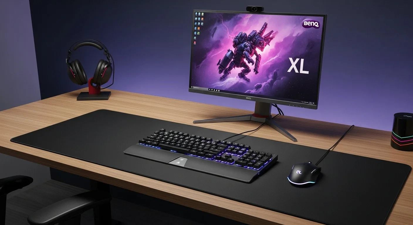 Un moderno escritorio de computadora con un mouse pad xl que abarca toda la superficie, mostrando un teclado y un ratón sobre él, y un monitor de gaming BenQ XL al fondo.