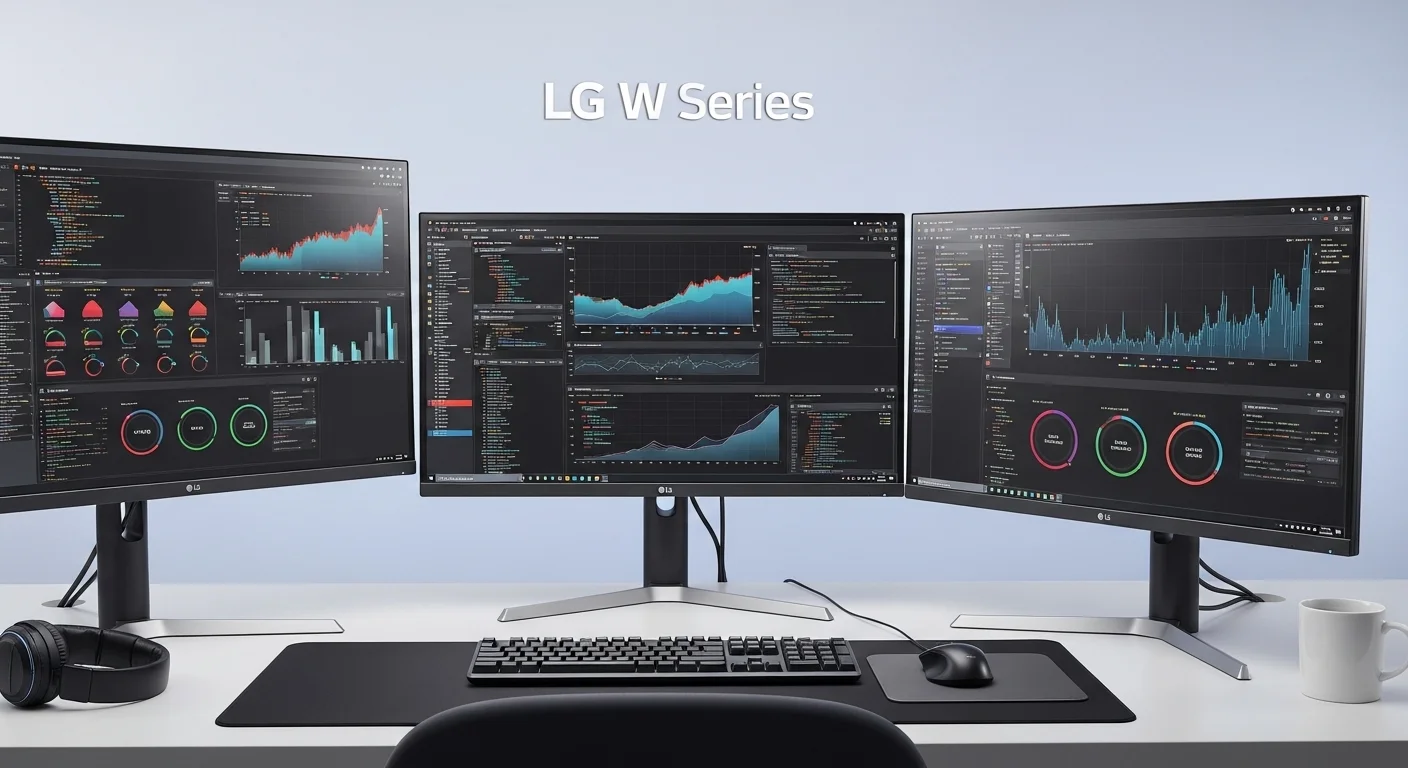 Moderno setup de computadoras con múltiples monitores LG W de color blanco en un escritorio bien organizado, mostrando gráficos y código.