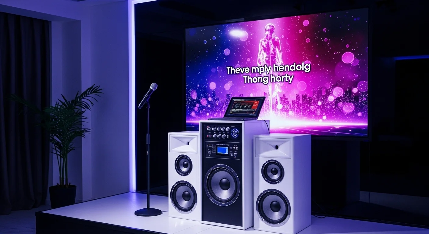 Un set de bocinas para karaoke profesional junto a un micrófono en un stand, con una gran pantalla de fondo mostrando las letras de una canción.