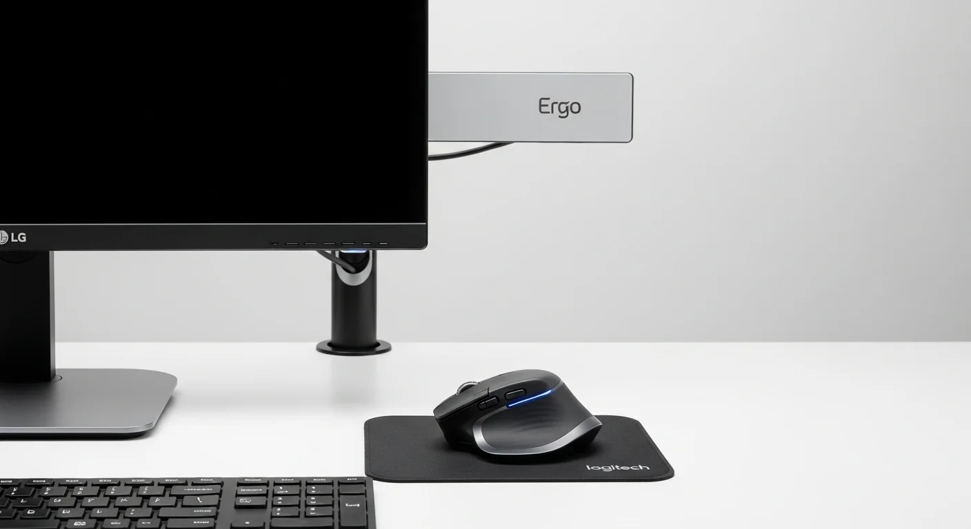 Un moderno setup de computadora ergonómico con un monitor LG Ergo y un mouse Logitech Ergo sobre un escritorio limpio.