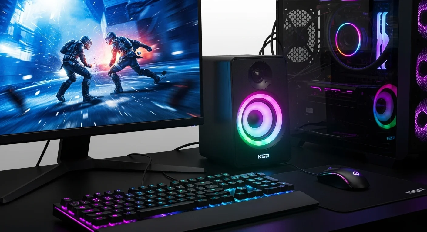 Primer plano de un bafle de 8 pulgadas KSR con iluminación LED RGB, formando parte de un setup de computadoras para gaming con monitor y teclado iluminados.