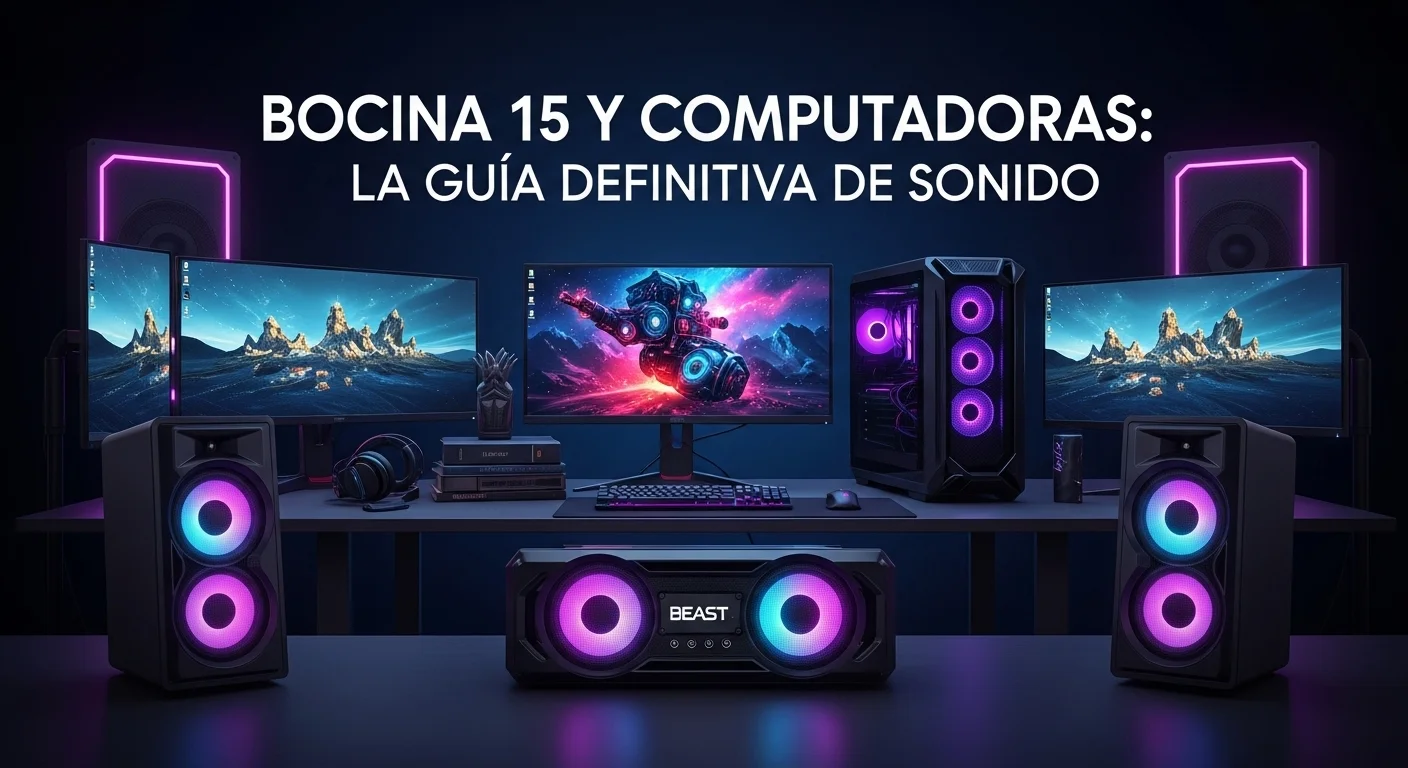 Un setup de gaming inmersivo con una computadora potente, múltiples pantallas y una bocina 15 Beast iluminada con LED, mostrando un uso recreativo de la tecnología.